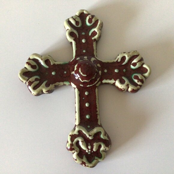 Vintage Ceramic Wall Cross Religious Distressed Burgundy & Cream Glaze Finish - Picture 5 of 7